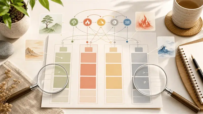 A bright editorial BaZi calculator cover showing a Four Pillars chart printout with translucent explanation layers and relationship markers.