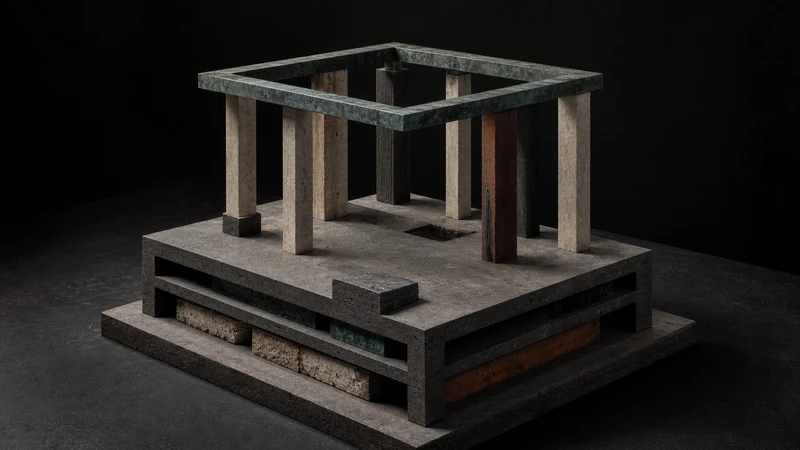 Dark brutalist model with concealed foundation layers, exposed uprights, and an upper frame forming one coherent BaZi Chart Structure.