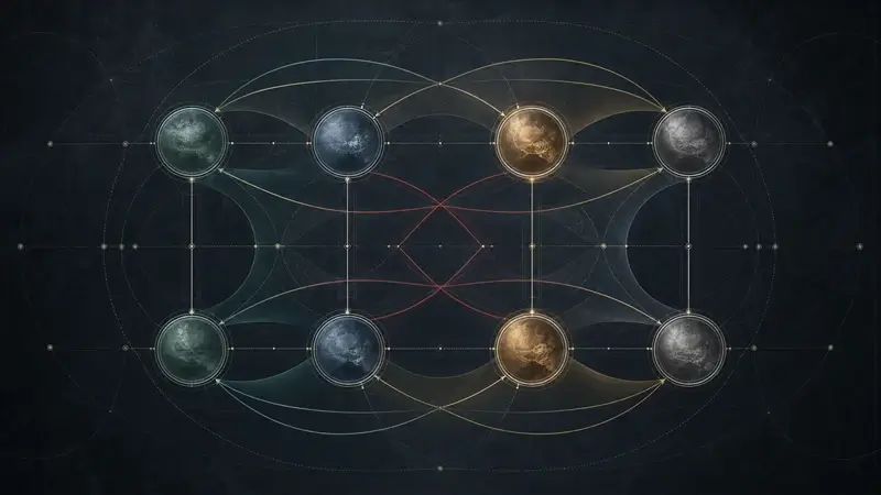 Dark scientific BaZi relationship network with four pillar pairs joined by converging and crossing paths to represent combinations and clashes.