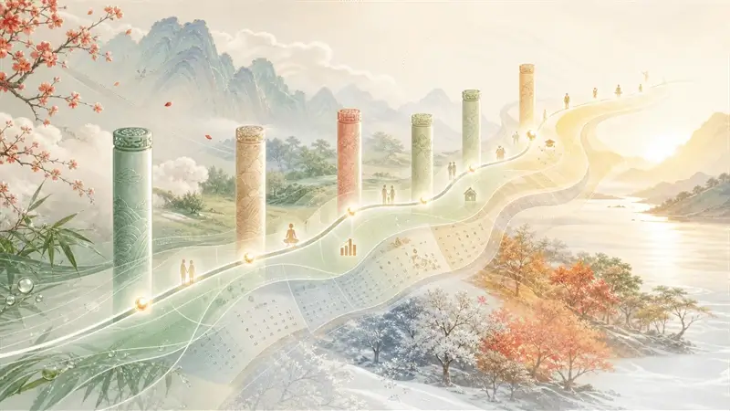 BaZi forecast cover showing a flowing seasonal timeline with pillar markers and annual light points to suggest changing themes over time.