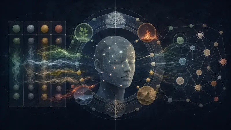 Dark scientific BaZi personality cover with an abstract profile surrounded by Four Pillars, seasonal, Five Elements, and relationship layers.