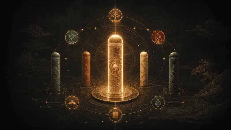 Abstract BaZi Day Master structure with a central Day Stem, five-element relationship lines, Month Branch symbols, and layered chart details on a dark background