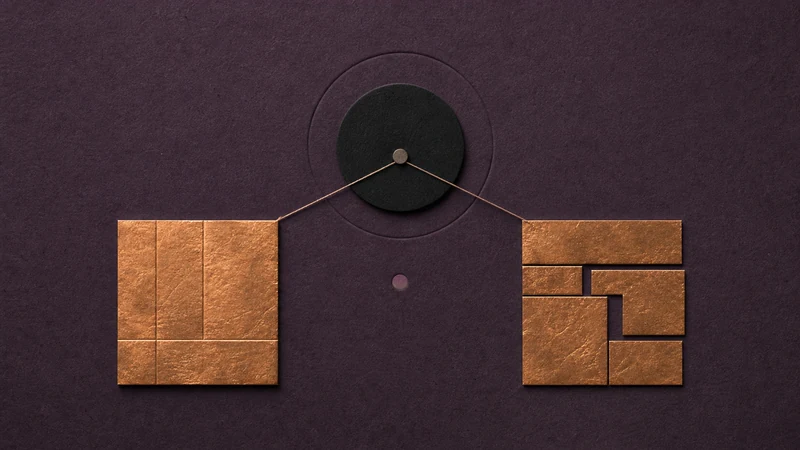 Dark Bauhaus collage with one black center and two equal copper forms representing Direct and Indirect Wealth as one role family.