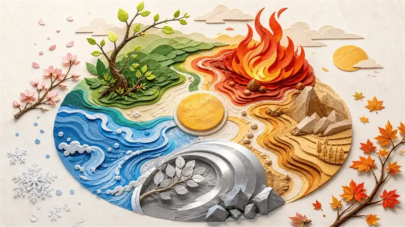 A bright crafted landscape showing wood, fire, earth, metal, and water interacting around a central form to represent Five Elements structure in BaZi.