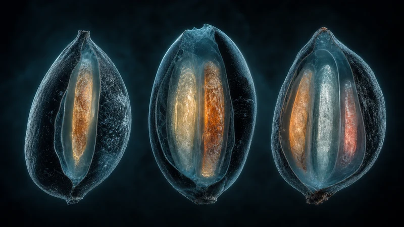 Radiographic cover showing three dark branch-like specimens with one, two, and three internal mineral cores beneath their outer shells.