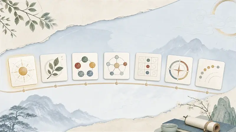 A light instructional BaZi chart cover showing seven blank study tiles arranged as a reading sequence from Day Master to timing.