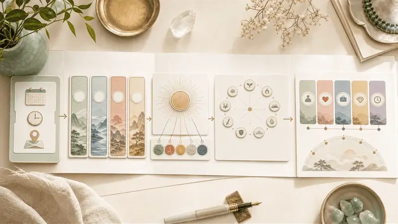A bright desk scene showing a BaZi report as a step-by-step visual path from birth details and Four Pillars to Day Master, elements, life areas, and timing.