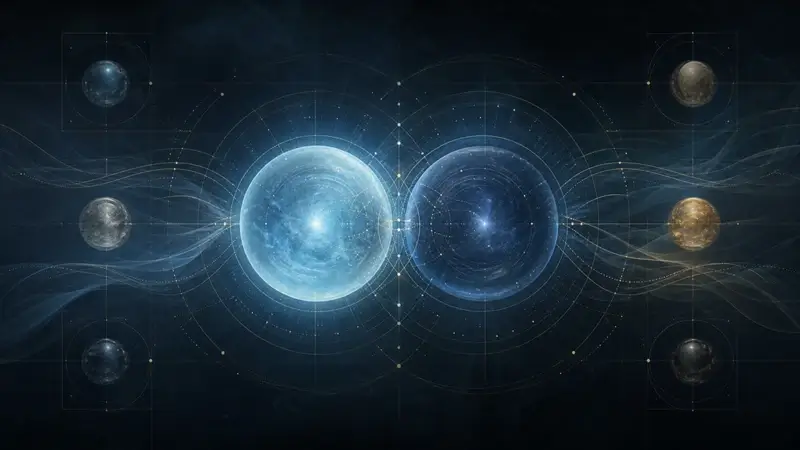 Dark scientific BaZi cover with two same-element cores in opposite polarity, linked by overlapping fields that suggest peer support, competition, and boundaries.
