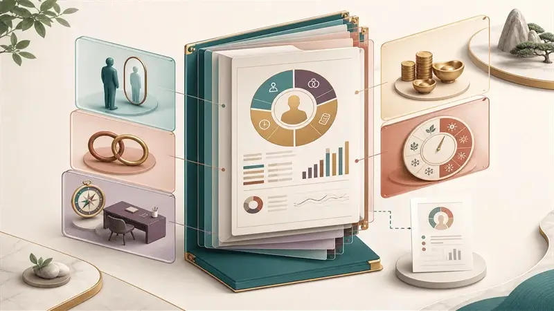 A modular BaZi report overview with visual panels for personality, relationships, career, wealth, timing, and the difference between a brief and a full report.